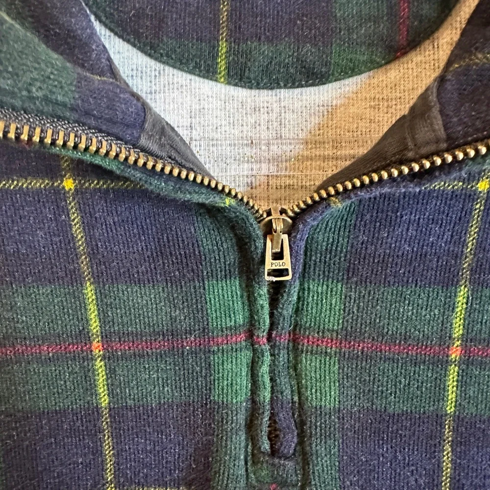 Polo Ralph Lauren Mens Green Navy Plaid Quarter Zip Cotton Pullover Sweater M